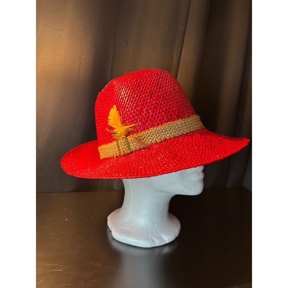 Vintage Red Woven Straw Fedora Hat with Yellow Feather and‎ Buckle Detail